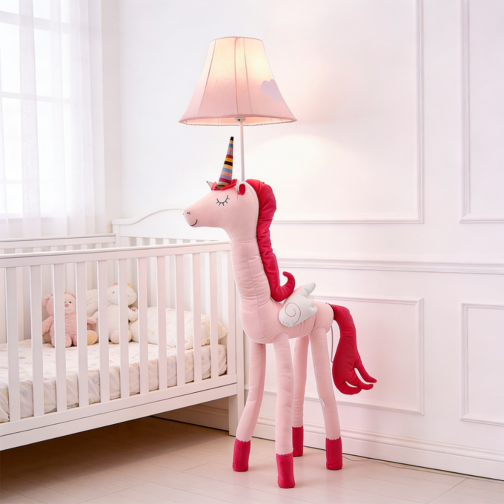 Abajur de Chão Vireon Unicórnio Pelúcia 123cm E27 Bivolt Luminária Infantil Quarto Bebê