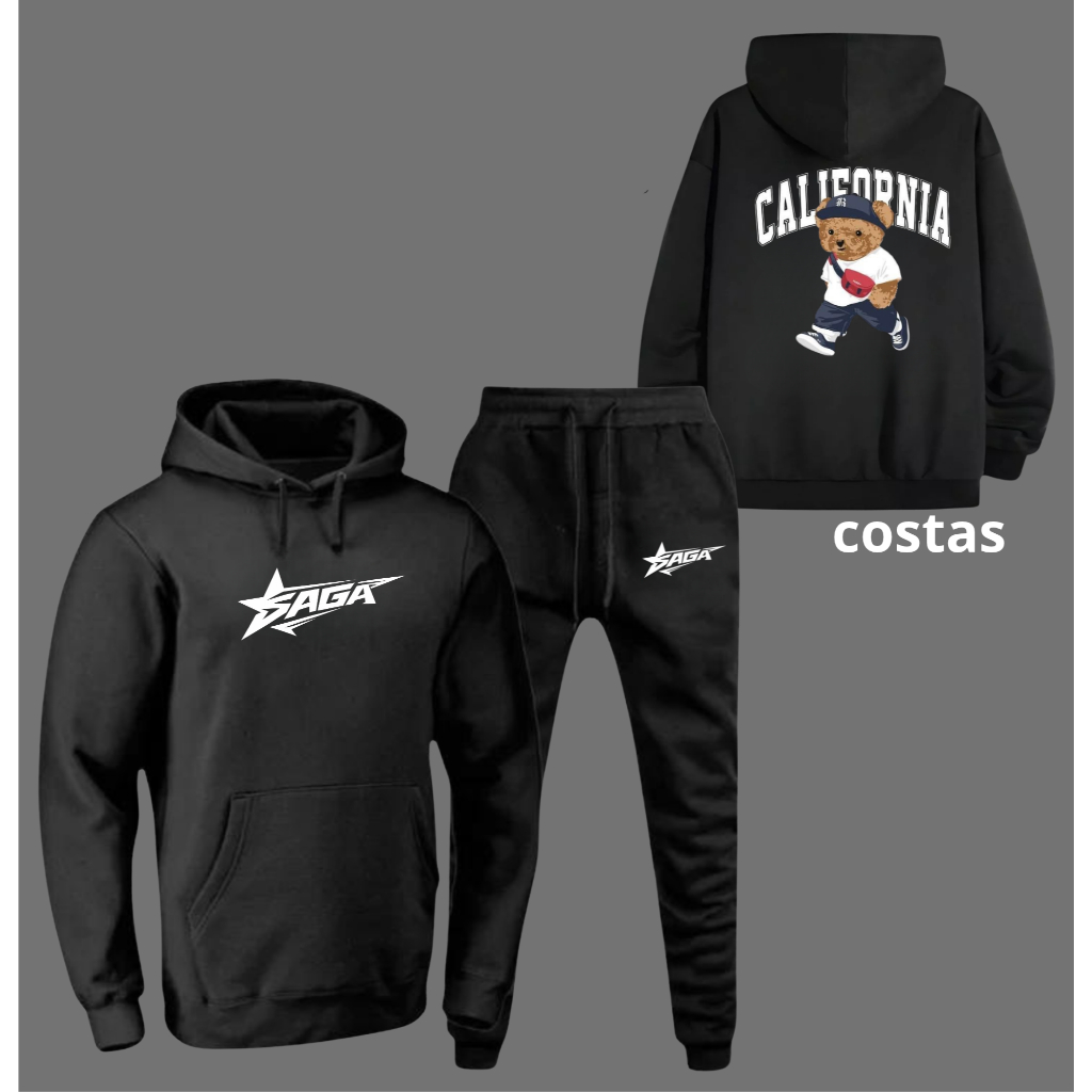 Conjunto Moletom Unissex Estampado DTF Urso California Asas Anjo Quem Me Protege Calça e Blusa Com Capuz Bolso Canguru