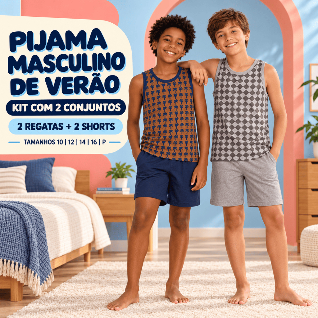 Kit 2 Pijamas Infantis para Menino com Regata, Verão em Poliéster, Estampas Sortidas, Tamanhos 02 a 16 Anos