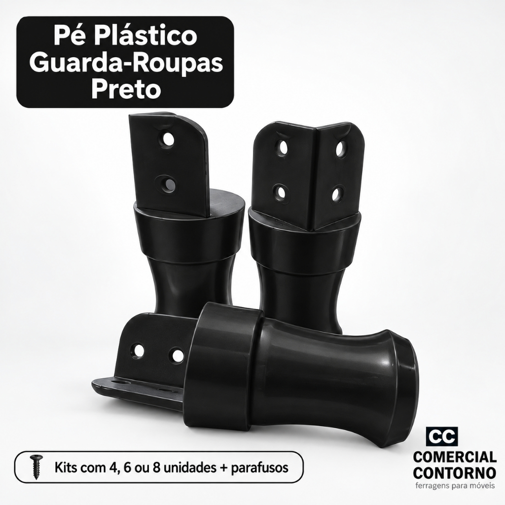 Pés para Guarda-Roupa em “L” Preto – Kits com 4, 6 ou 8 Unidades + Parafusos