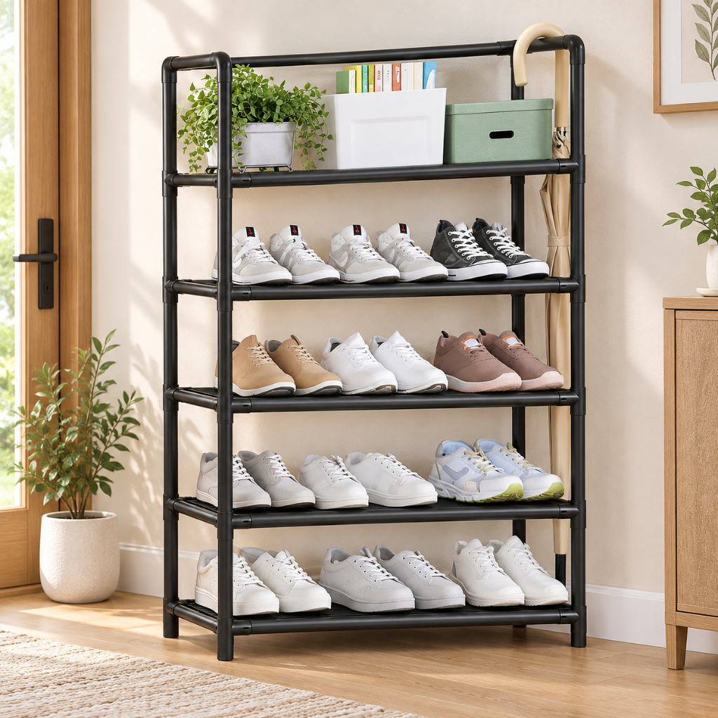 Estante Multiuso 5 Prateleiras Preta Sapateira Organizador Vertical Calçados Quarto Closet Compacta