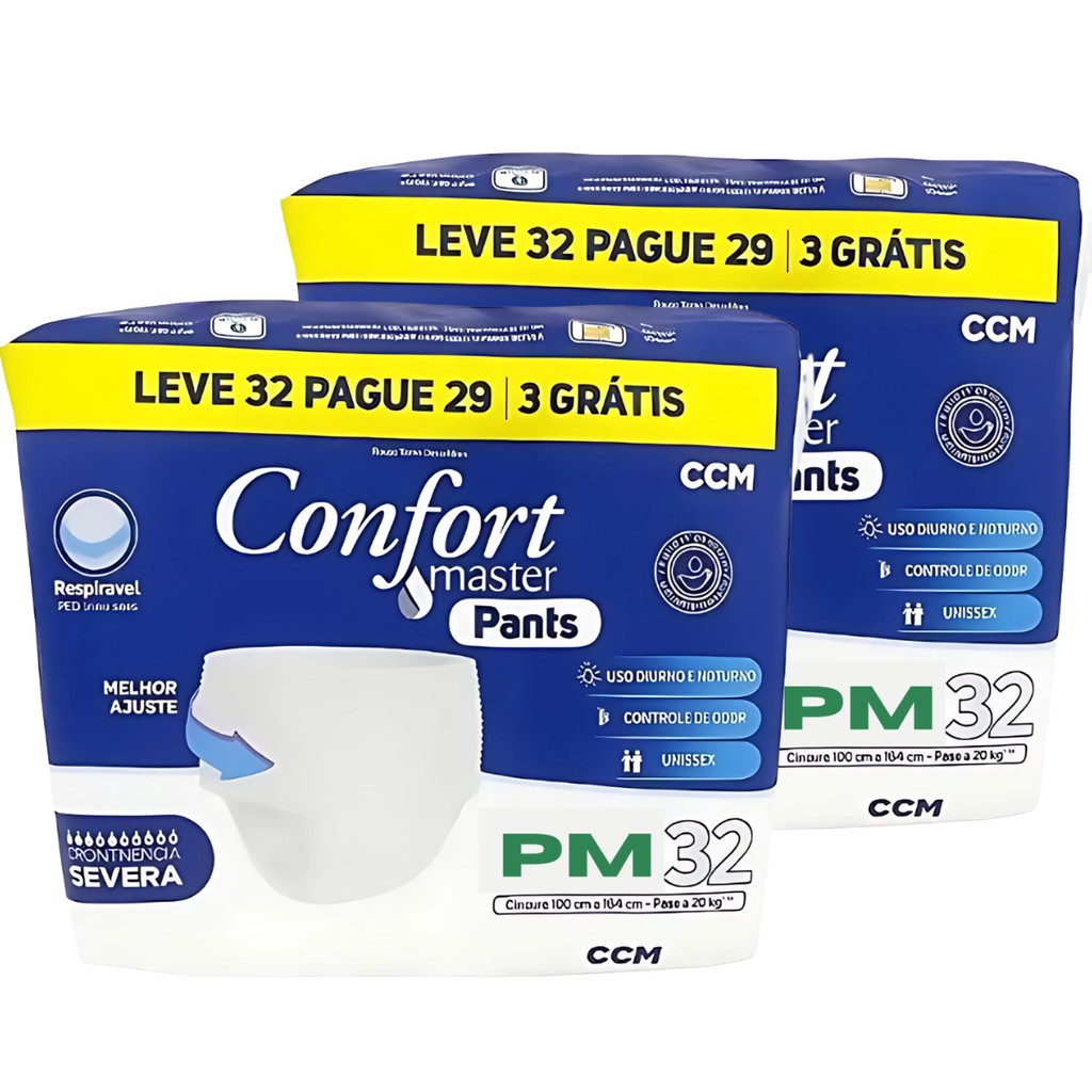 Kit 2 Fraldas Calça Descartável Geriátrica Adulto Confort Master Pants - P M Total 32 Unidades
