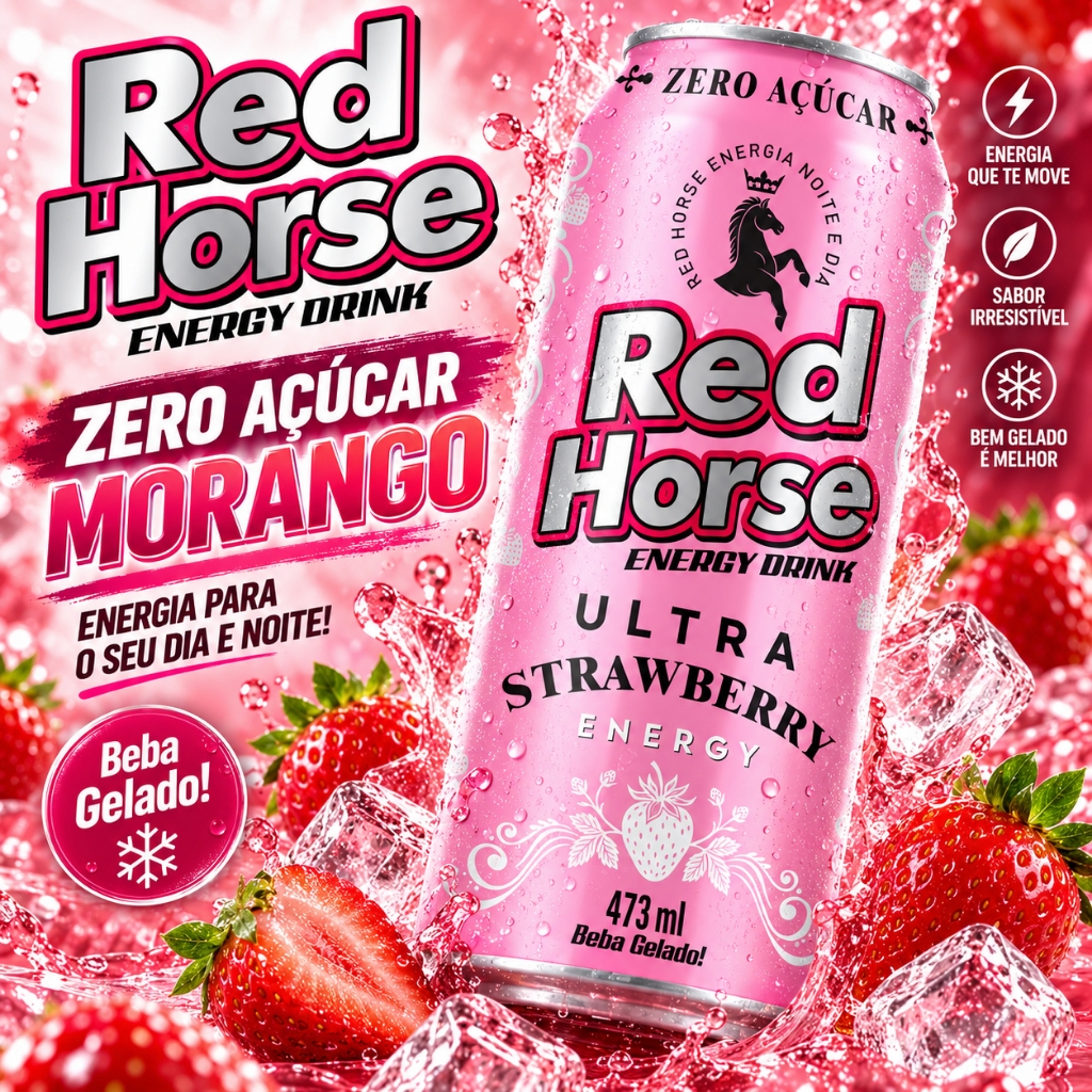 Red Horse Zero Açúcar Morango Ultra Strawberry 473ml Pack 6 12 24 Latas Energético Original