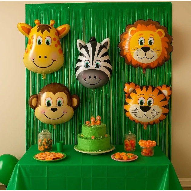 Kit Balões Safari 35cm 5 Peças + Cortina Metalizada 1x2m Decoração Festa Aniversário