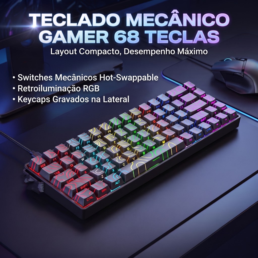 Teclado Mecânico Gamer 68 Teclas, Impressão Lateral Contorno, Retroiluminação RGB, Hot‐Swap Compacto, Cabo USB‐C Destacá