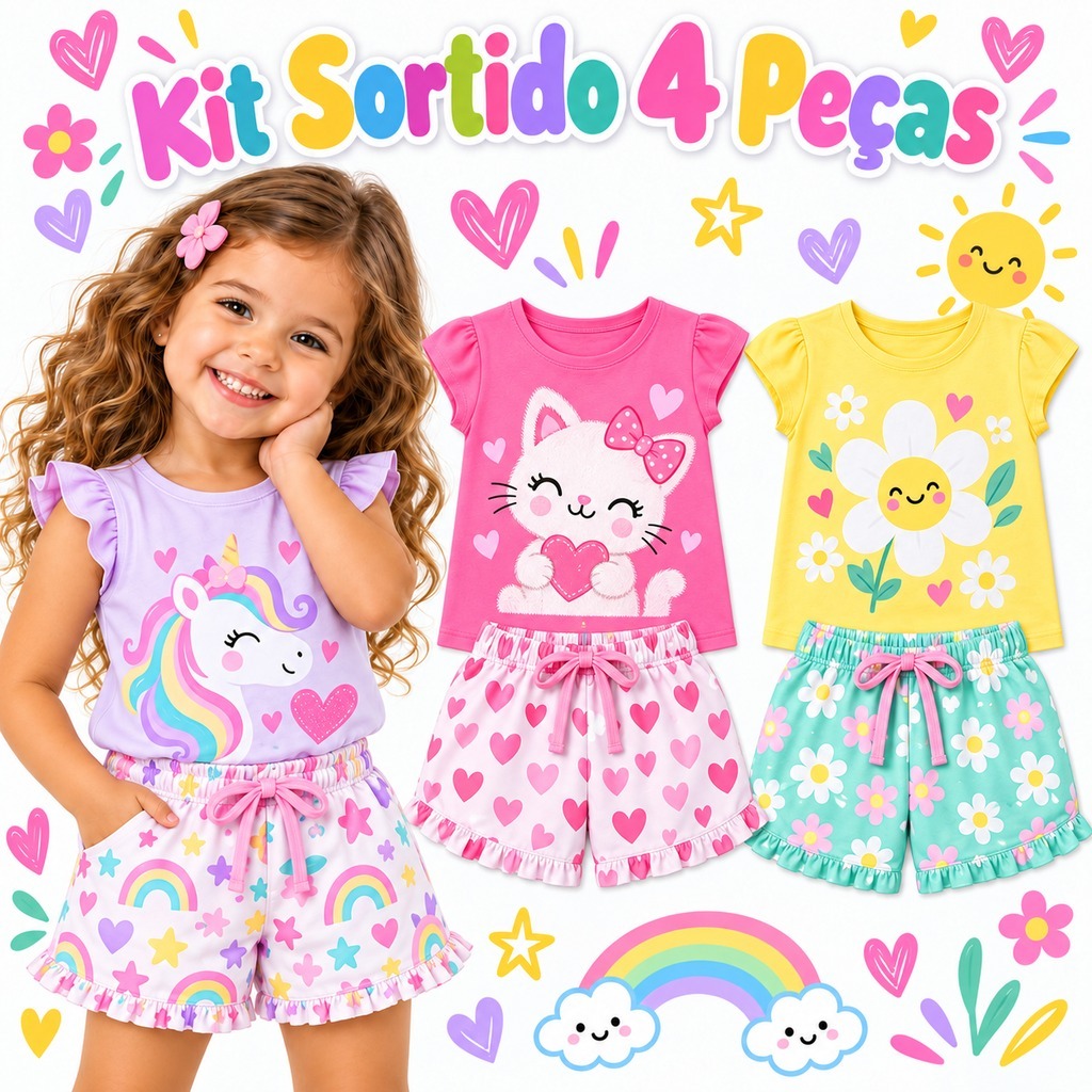 Kit Sortido 2 ou 4 Peças Roupa Infantil Bebê Menina Verão Conjunto Bebê Infantil Feminino Conjuntos Manga Curta Sortidos