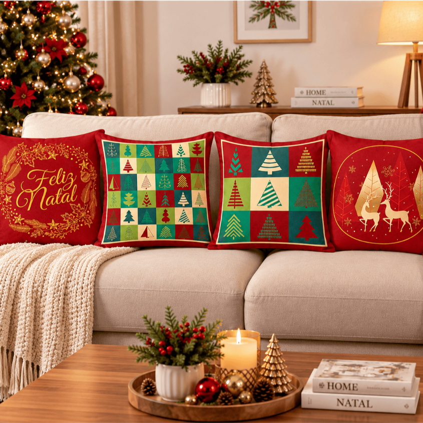 Kit Capas de Almofadas Natal Decorativas 45 x 45cm C/ 4 Para Sala Quarto Decoração Almofadas Natal