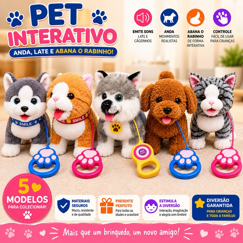 Pet Interativo Pelúcia Cachorro Gato que Anda Late Mia Abana o Rabo Repete a fala com Controle Brinquedo Infantil Pres.