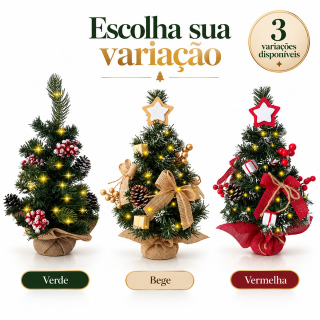 Arvore De Natal 40cm Decorada Com Pisca-Pisca Pronta Enfeite Natalino Mesa