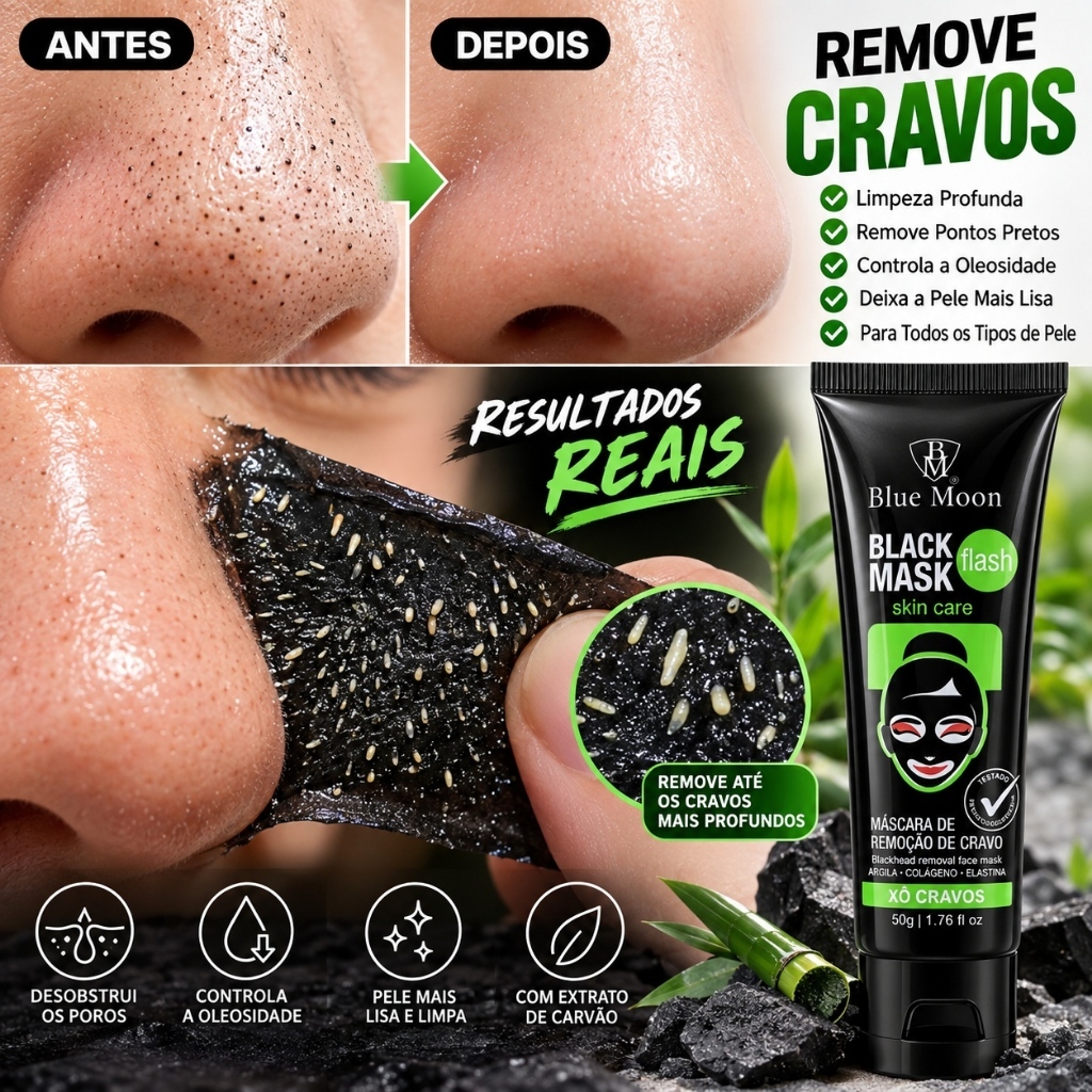 Máscara Facial Preta Peel Off Carvão Ativado para Cravos, Poros e Oleosidade | Limpeza Facial Bluemoon