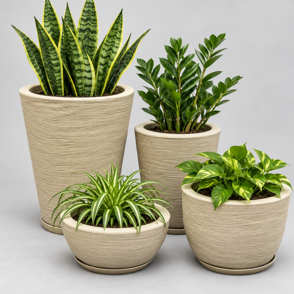 Kit 4 Vasos Escovados Planta Flor Polietileno Coluna Redonda N1 N2+ Bojo N1+ Bacia N1 Com Pratos