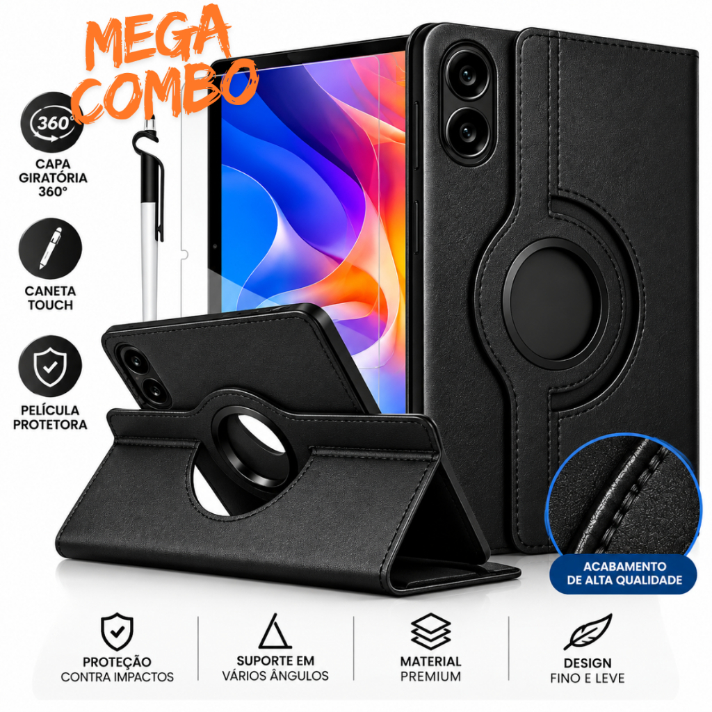 Kit Capa Giratória Para Tablet Redmi Pad 2 Tela 11" Polegadas + Película + Canetinha Touch Universal