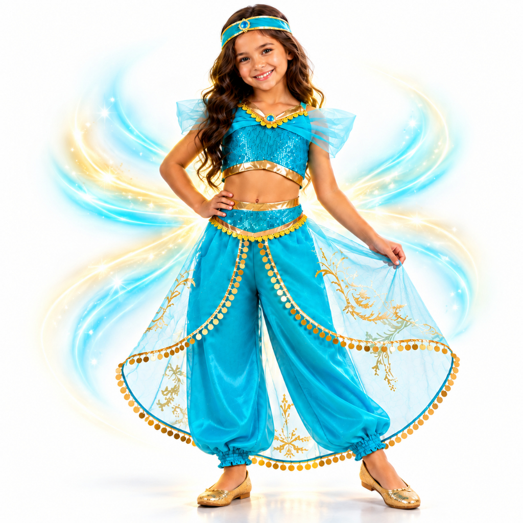 Fantasia Princesa Jasmine Infantil Luxo Azul Completa Tiara Festa Aniversário Cosplay