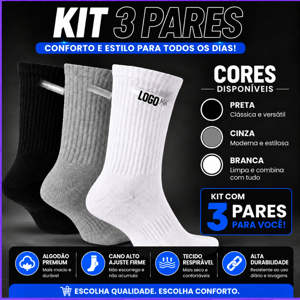 KIT 3 Pares Meias Esportivas Cano Alto I 100%Algodão I Conforto I Durabilidade I Ideal para Treinos I unisex
