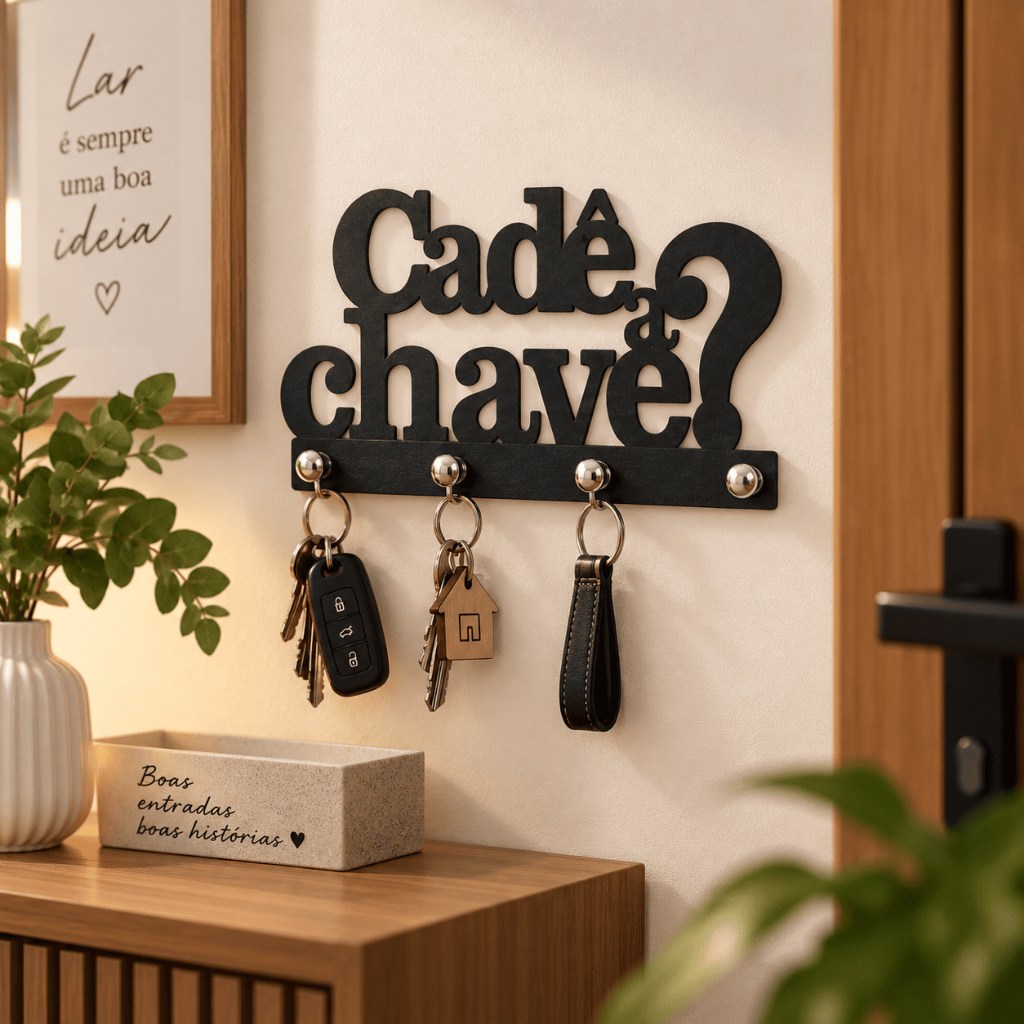 Porta Chaves Decorativo de Parede Cadê a Chave em MDF Preto Fosco 3mm com 4 Suportes