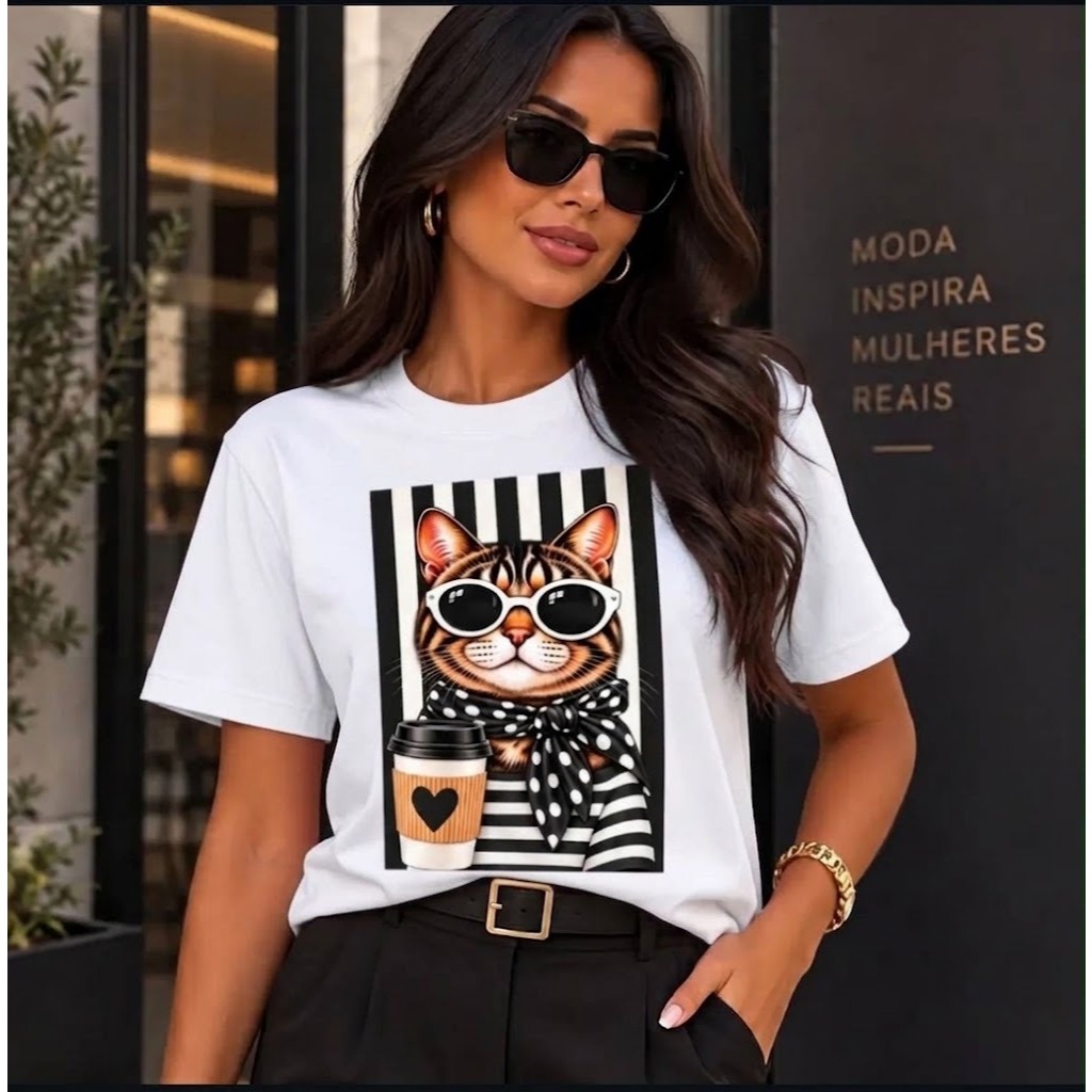 Camiseta Feminina Estampada Gatinho Copo de Café T-Shirt 100% Algodão Blusa Básica Camisa Casual Manga Curta Verão