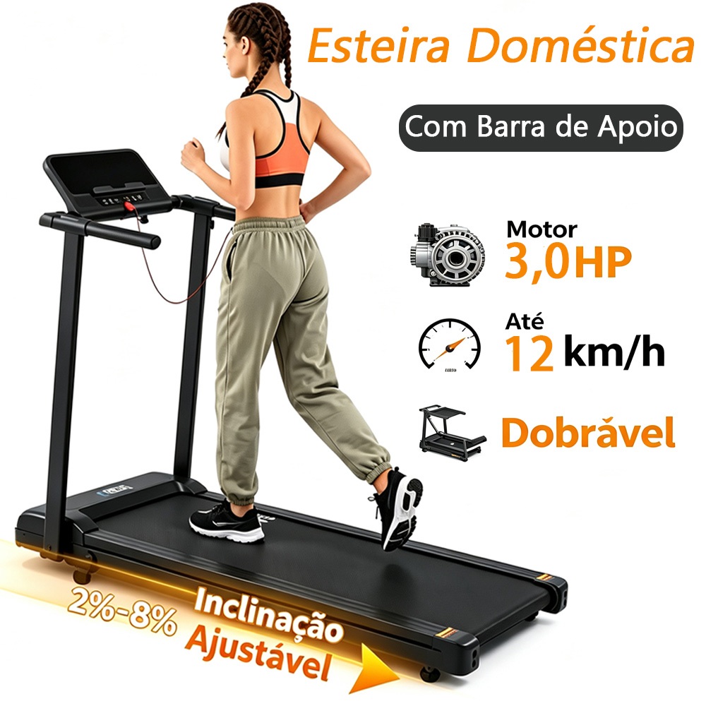 Esteira Elétrica Ergométrica 3,0HP Silenciosa Dobrável, Inclinação 2‑8%, 12km/h, até 150kg, 110V/220V Casa