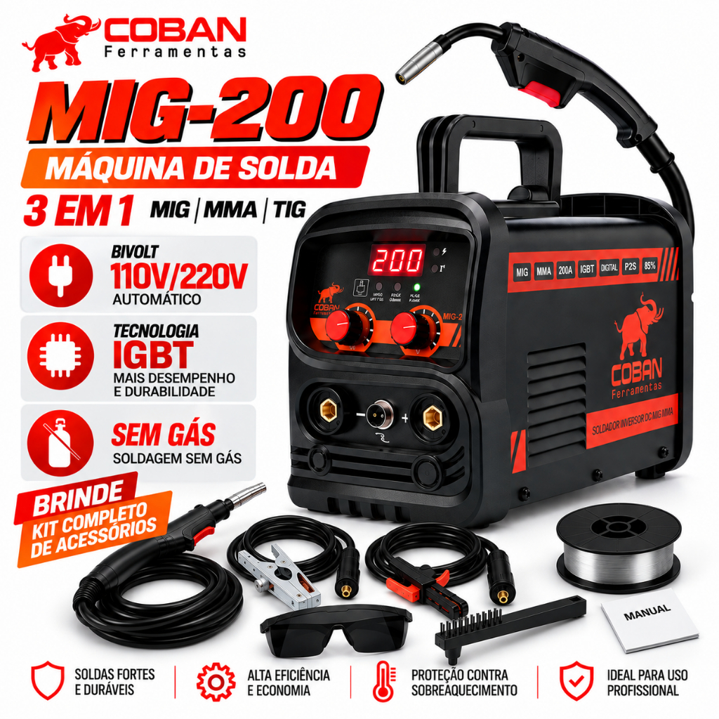 Máquina De Solda Mig 200a Bivolt Mma Eletrodo Tig Lift Smart Vermelho
