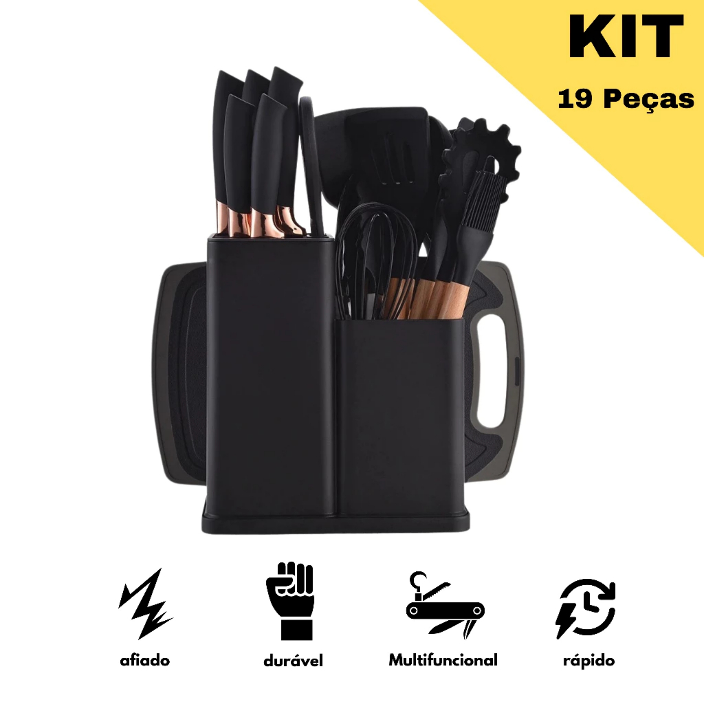 Kit Conjunto 19 Pçs De Utensílios Facas Silicone e Plástico Cozinha