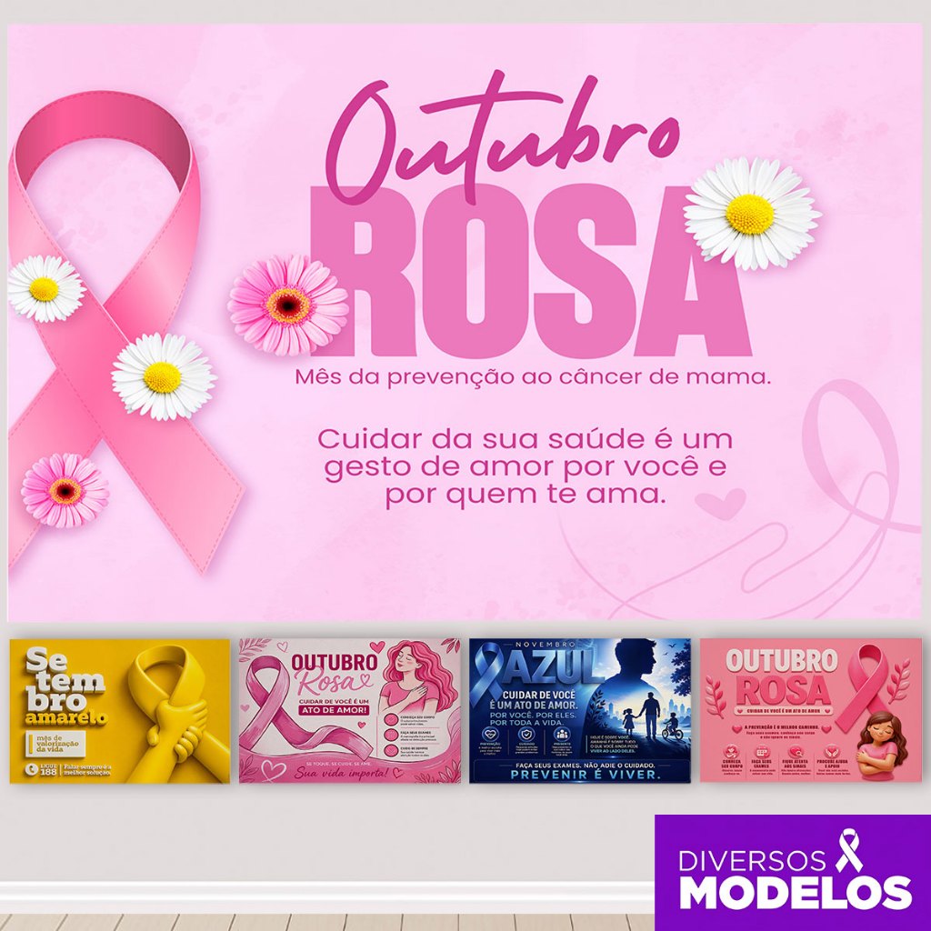 Painel Outubro Rosa Conscientização Campanha Retangular Horizontal Sublimado Em Tecido