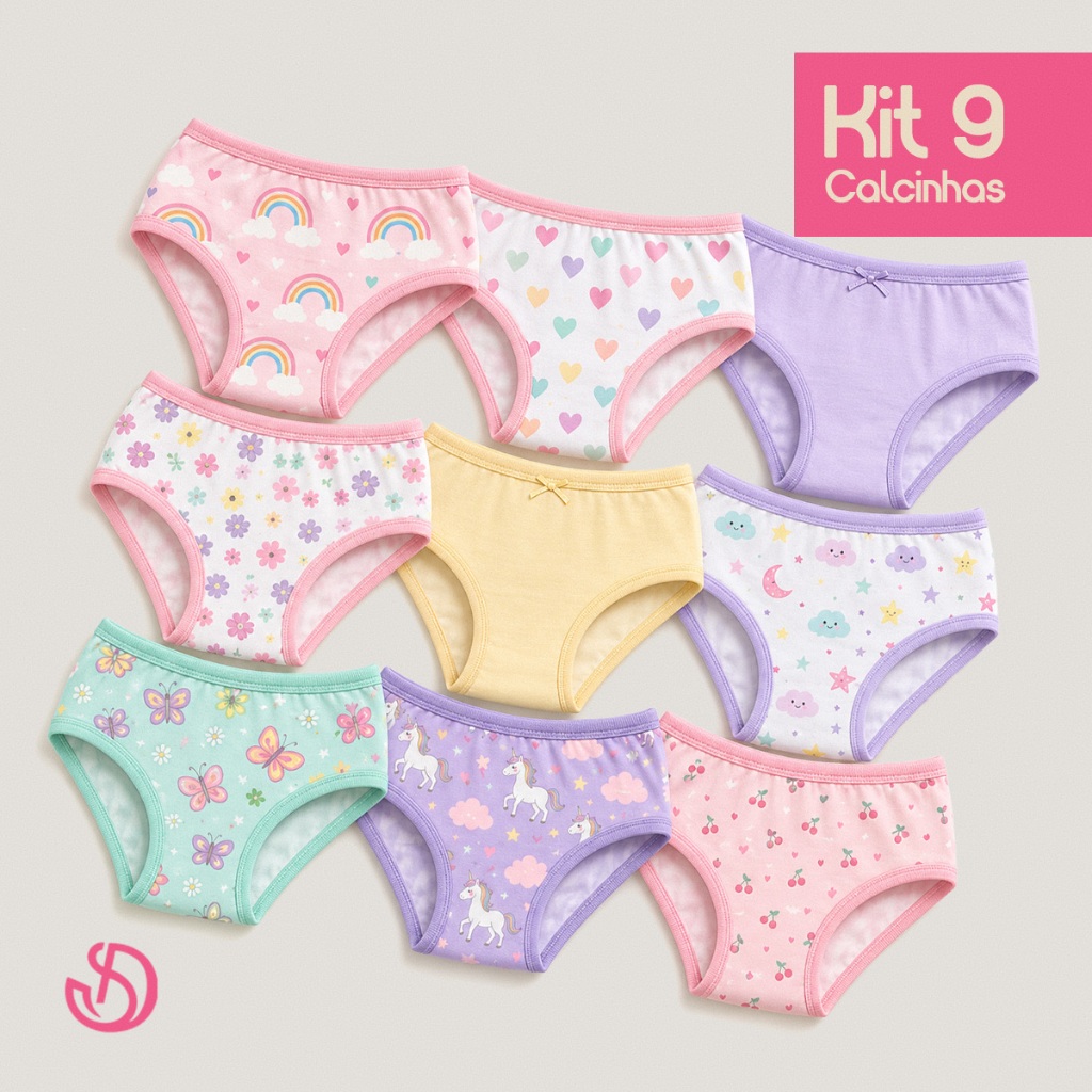 Kit 9 Calcinhas Tanga Infantil Feminina Menina Juvenil Estampas Sortidas Confortável