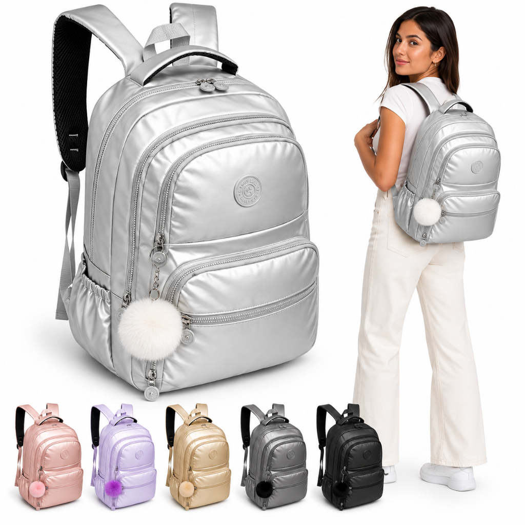 Mochila Sport Feminina Reforçada Brilhosa Impermeável Viagem