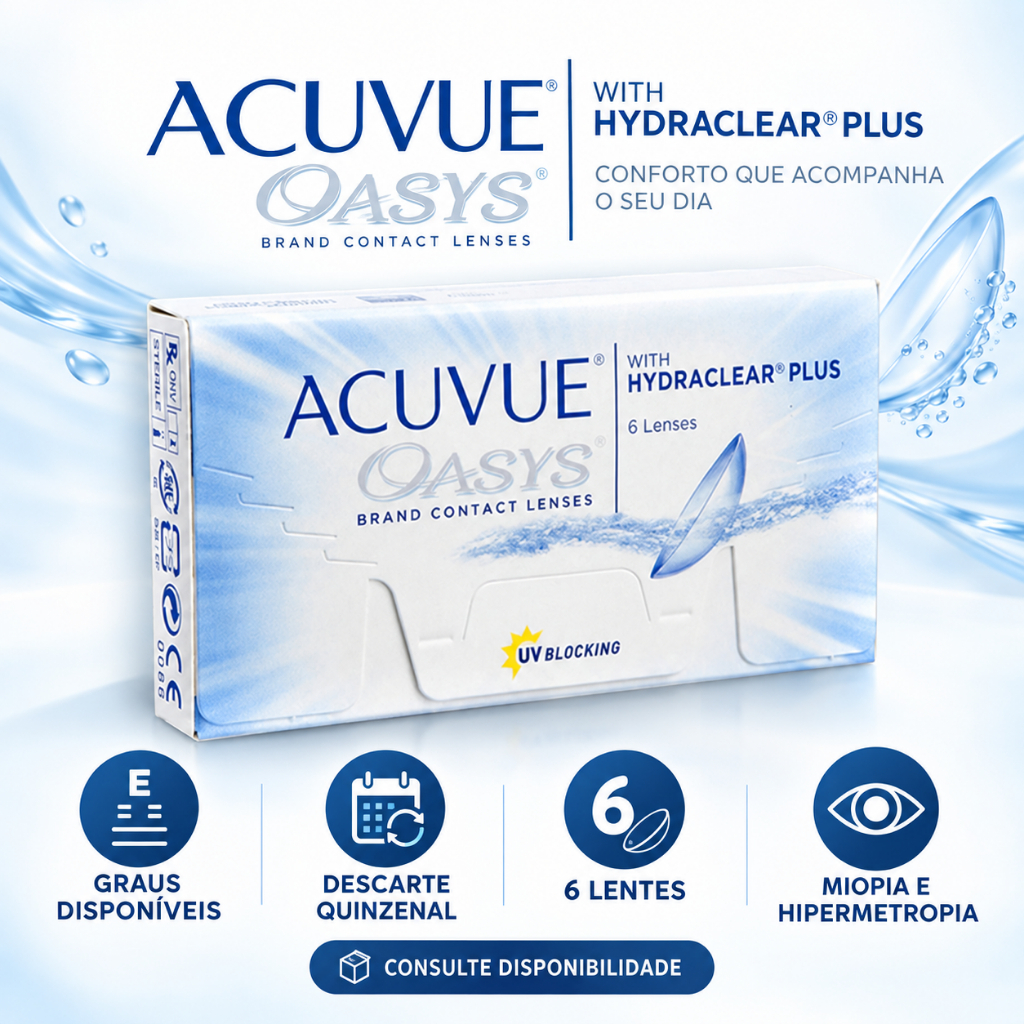 Lentes de Contato Acuvue Oasys Hydraclear Plus 6 Descarte Quinzenal Miopia e Hipermetropia
