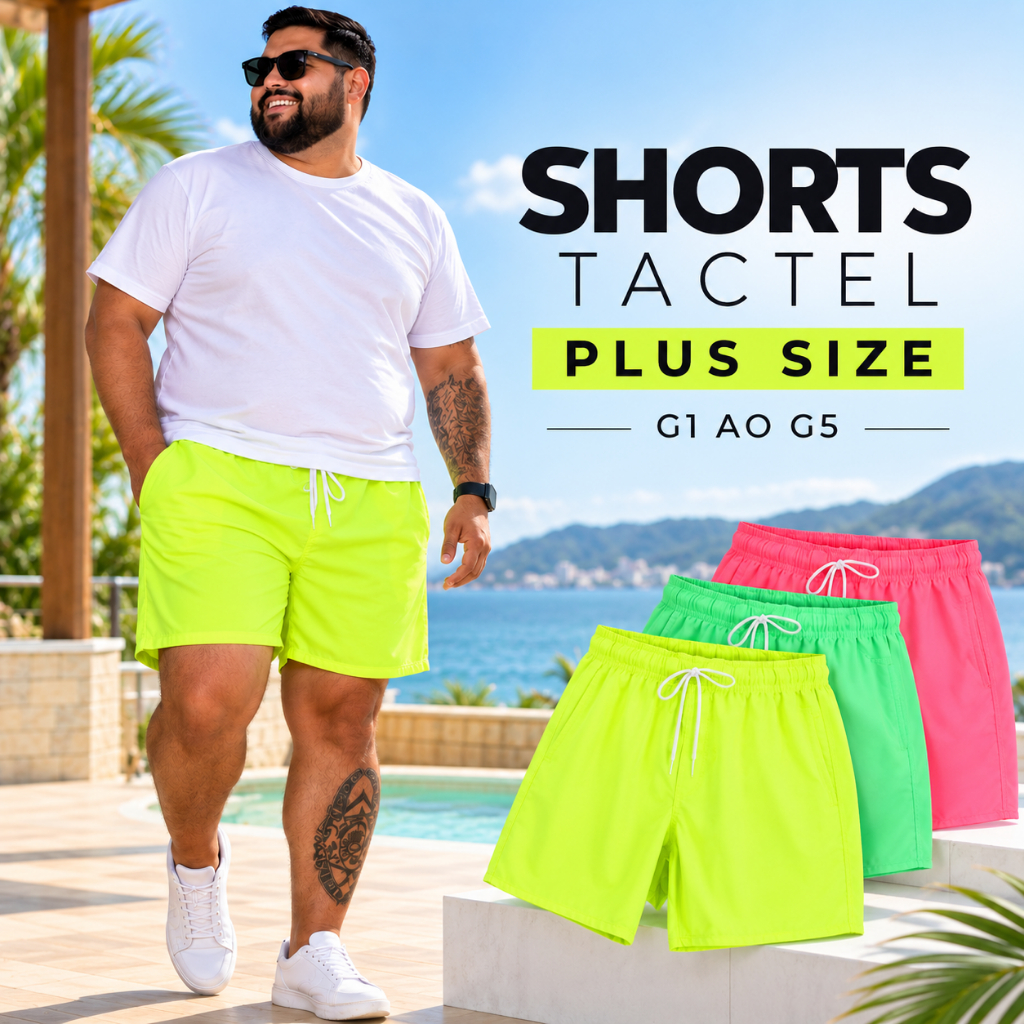 Shorts Tactel Neon Masculino Plus Size G1 ao G5 Bermuda Verão Praia Piscina