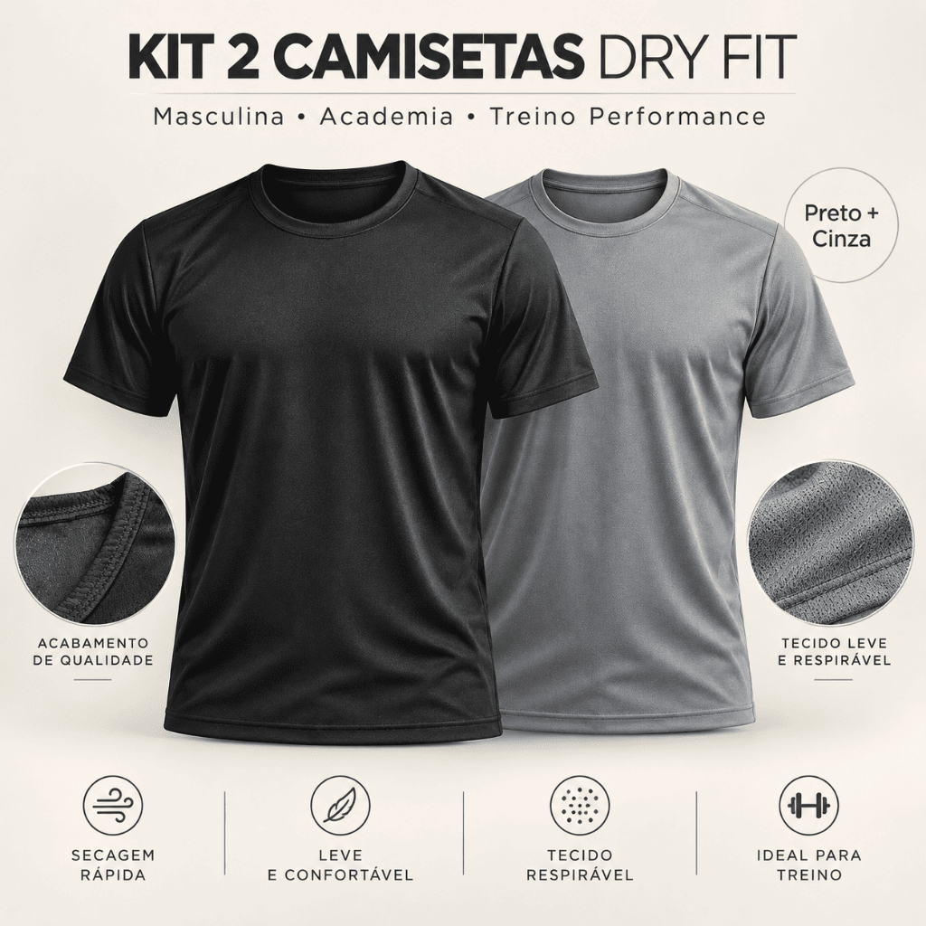 COMBO 2 CAMISETAS DRY FIT MASCULINA TREINO ACADEMIA ESPORTES PERFORMANCE QUALIDADE PREMIUM