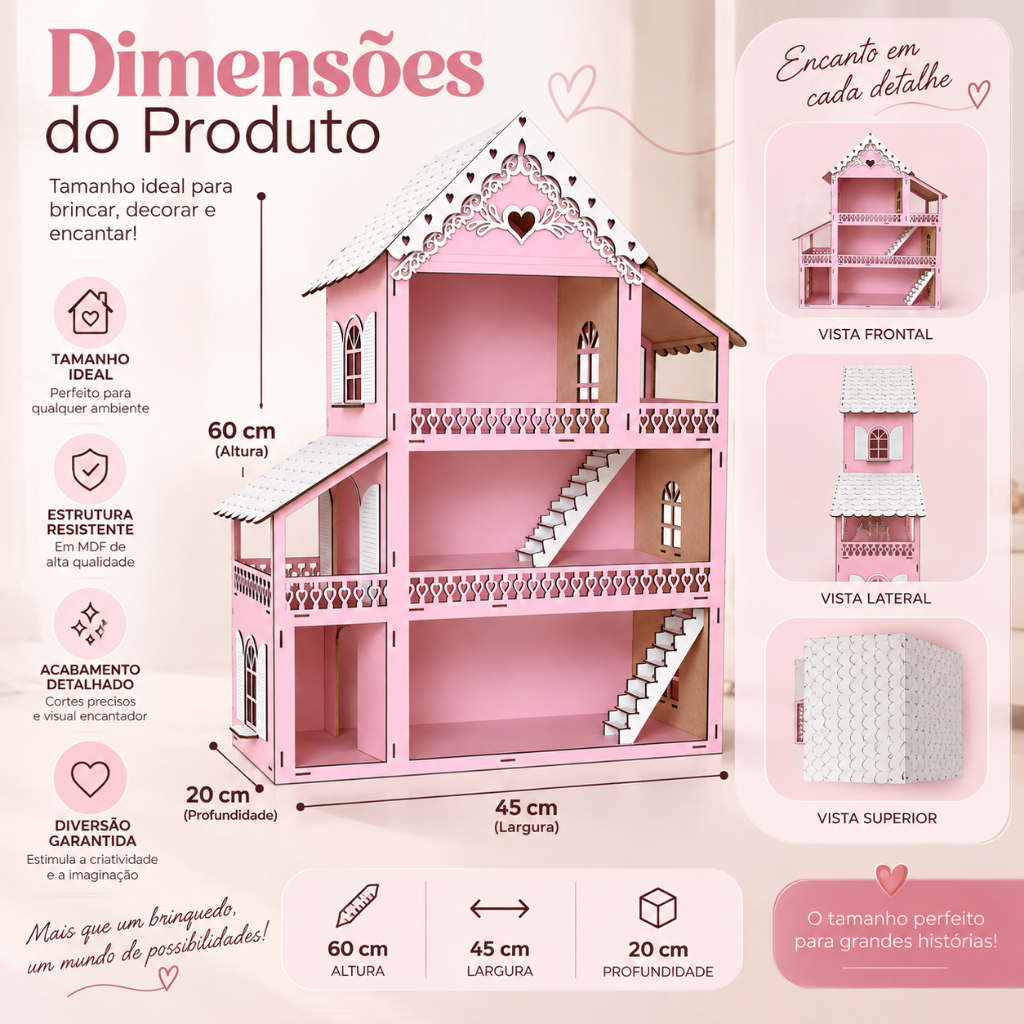 Casa de Boneca MDF Rosa Grande 60cm Brinquedo Infantil — imagem 2 de 2