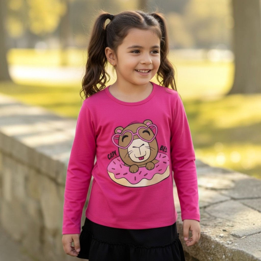 Blusa Infantil Menina Viscolycra Manga Longa Estampada Capivara Dinossauro Casual Confortável