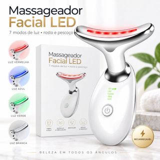 Massageador Facial LED 7 Cores - Modos, Aparelho Anti-Rugas para Rosto e Pescoço, Tratamento Estético Vibratório com Luz