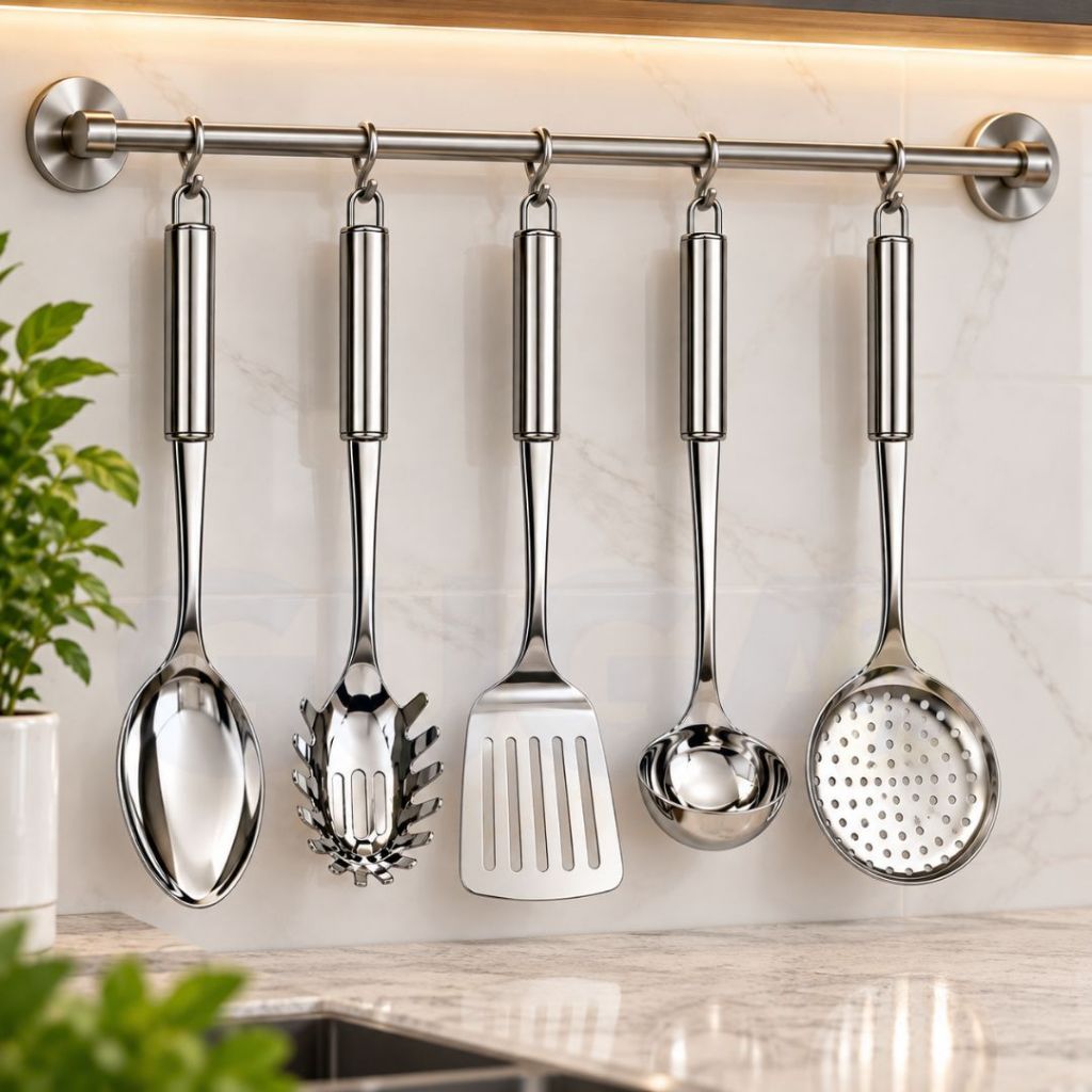 Kit 5 Peças em Aço Inox Pegador de Massa Espátula Vazada Colher de Arroz Escumadeira Concha