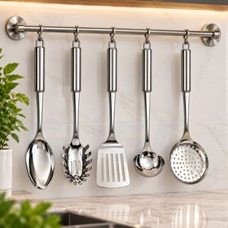 Kit 5 Peças em Aço Inox Pegador de Massa Espátula Vazada Colher de Arroz Escumadeira Concha