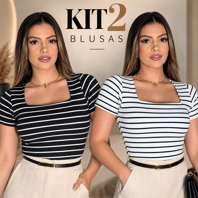 Kit 2 Blusa Gola Quadrada Listrada Ribana Canelado Moda Gringa T-shirt Premium Camiseta BásicaCasual