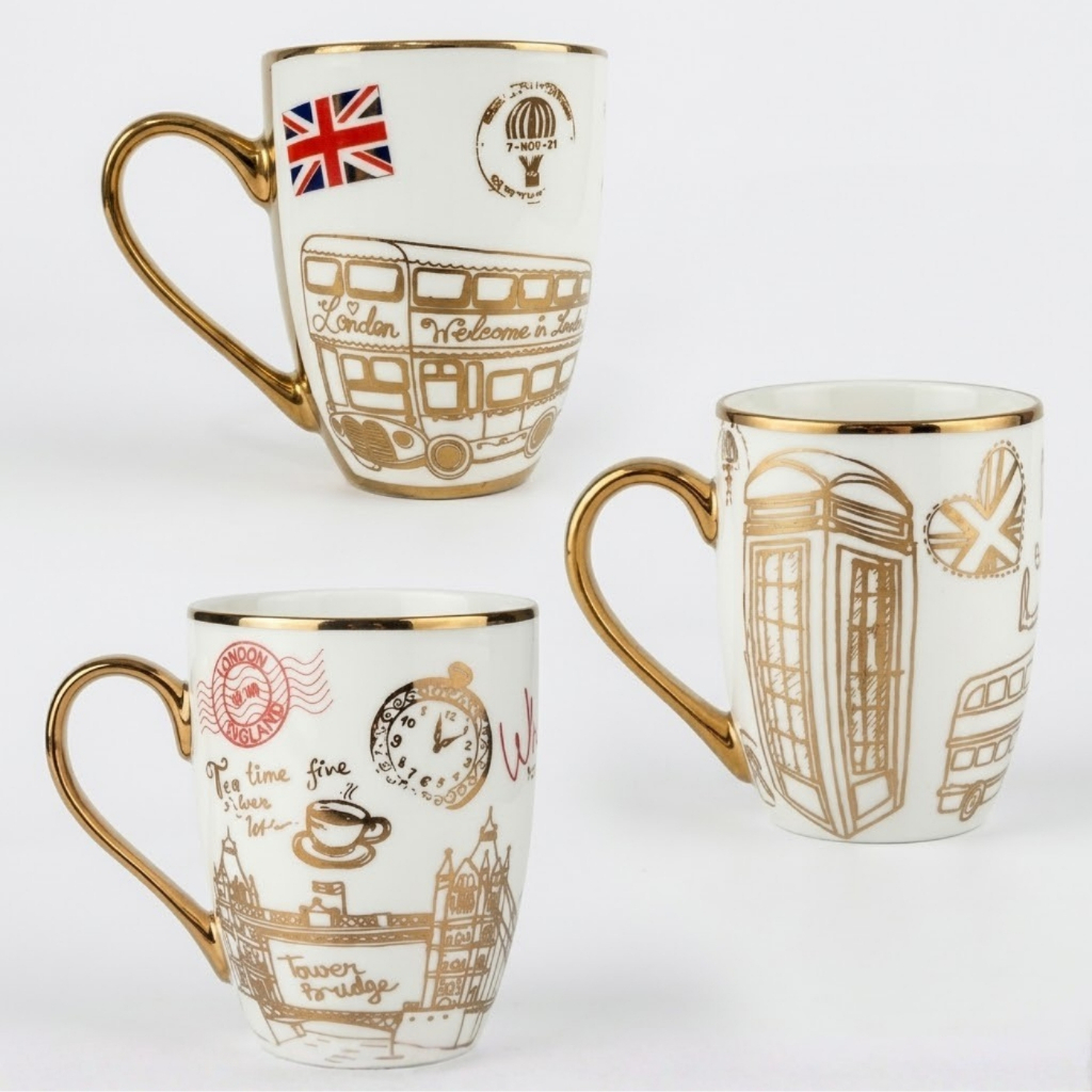 caneca com estampa (SORTIDA) de Londres, branca e dourado - cerâmica , 350ml, c/alça, resistente