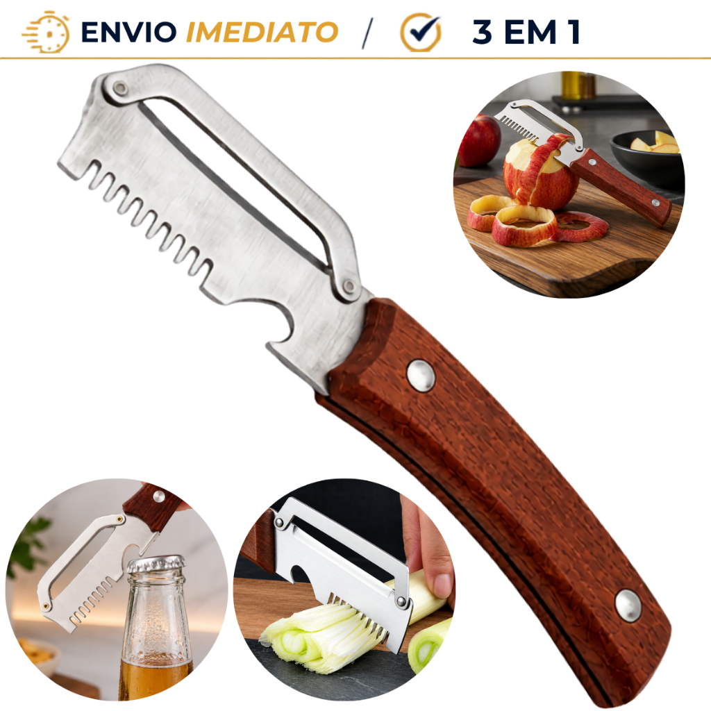 Descascador 3 em 1 Aço Inox 304 Cabo Madeira Legumes Julienne Abridor de Garrafa Cozinha Casa