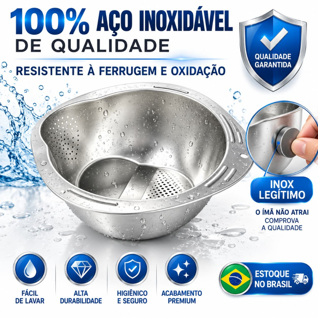 Lavador De Arroz Inox Luxo Escorredor Multiuso Tigela Para Lavar Cereais E Frutas Design Inteligente Durável — imagem 2 de 2