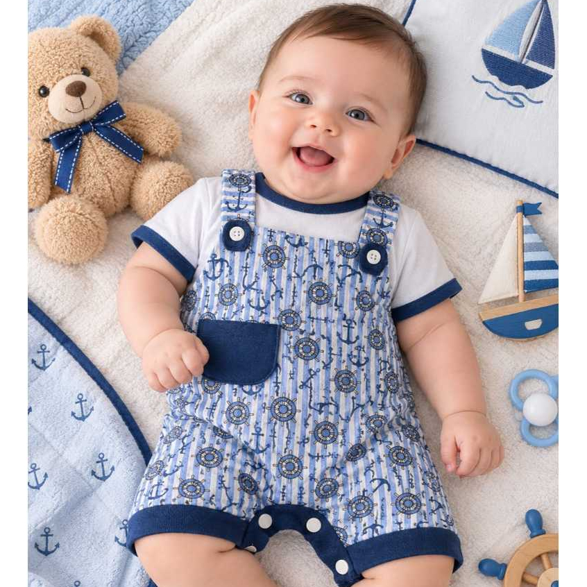 Conjunto Jardineira Macacão Curto + Camiseta Bebê Menino RN a 4 Meses Confortável
