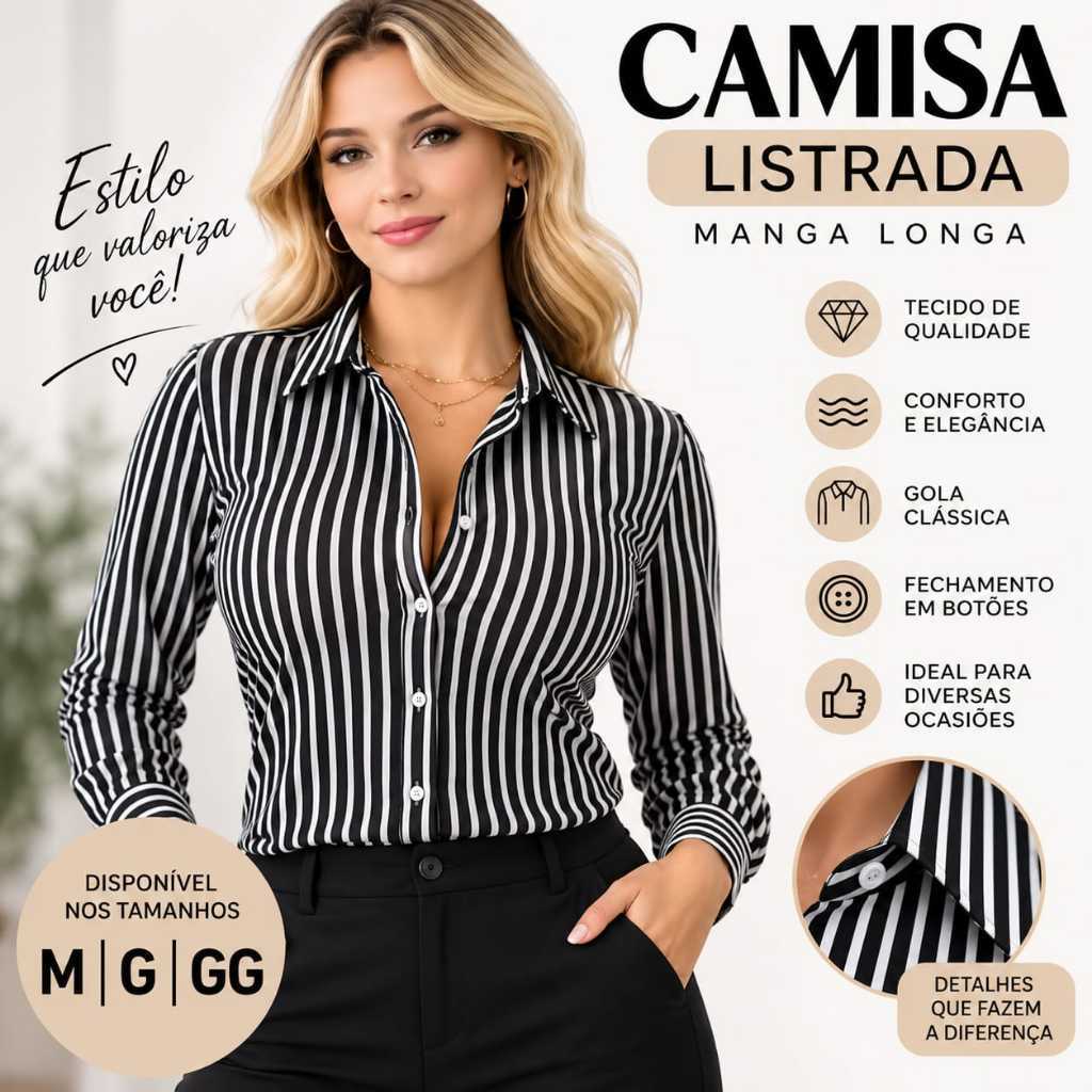 Camisa Feminina Listrada em Tecido Duna Fina- Manga Longa  Elegante com Botoes transparentes e Acabamento Sofisticado