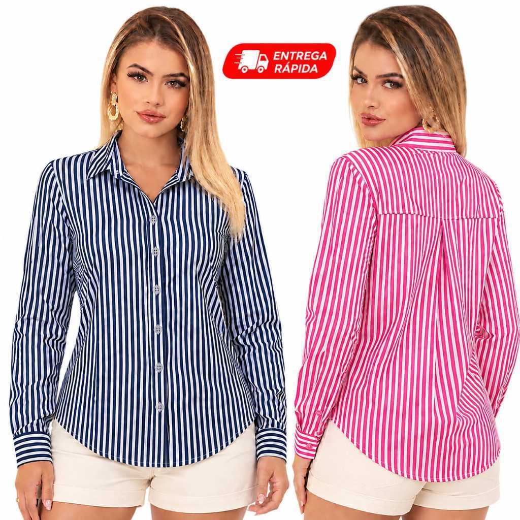 Camisa Feminino Manga Longa Casual Listrada Confortável Leve Elegante Crepinho Premium Trabalho Escritório Casual M G GG