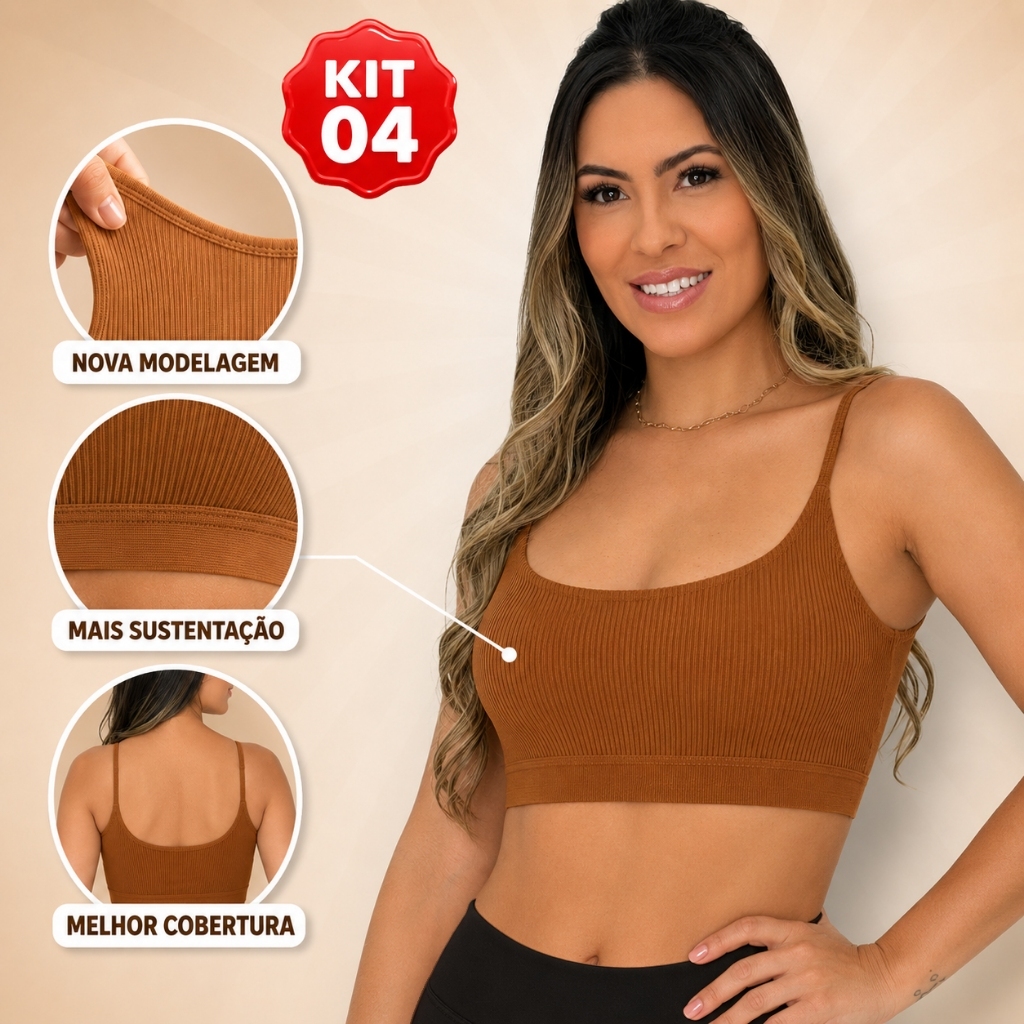 Kit 4 Top Canelado Forro Duplo Sem Bojo Academia Cores Sortidas Alcinha Fitness Feminino