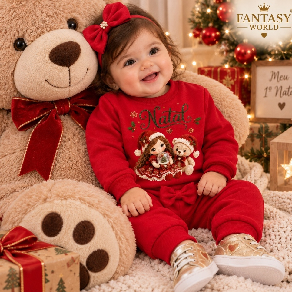 Conjunto de Natal Bebê Menina Moletom 100% Algodão Blusa e Calça Roupa Infantil Natalina Delicado