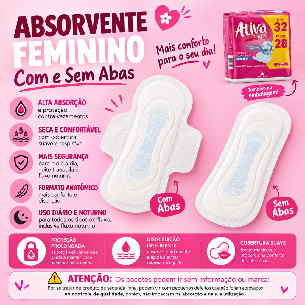 Absorvente Feminino Noturno Longo C/ Abas – 32 Unidades Pacote Grande Pacotão