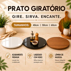 Prato Giratório MDF 40cm 50cm 60cm Giro 360 Centro de Mesa Com Vidro
