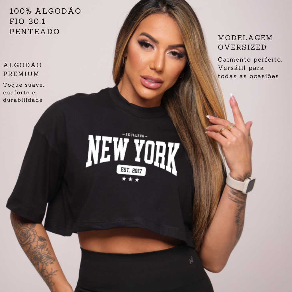 Cropped Blusa camiseta Feminino Oversized 100% Algodão pentenado estampado Academia e Casual fitness