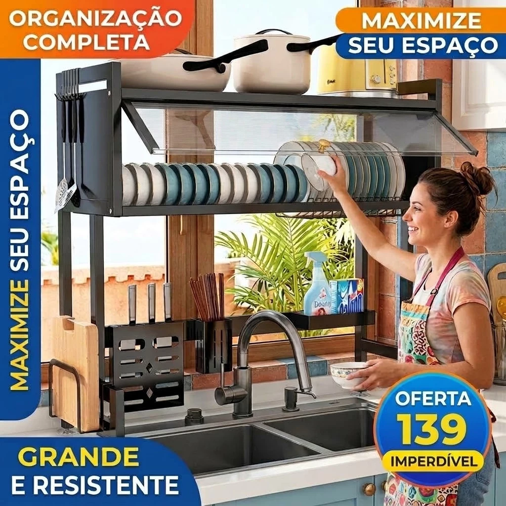 Escorredor de Louça Inox fruteira organizador de armário de cozinha Organizador de Cozinha Impermeável Anti-Poeira 105cm