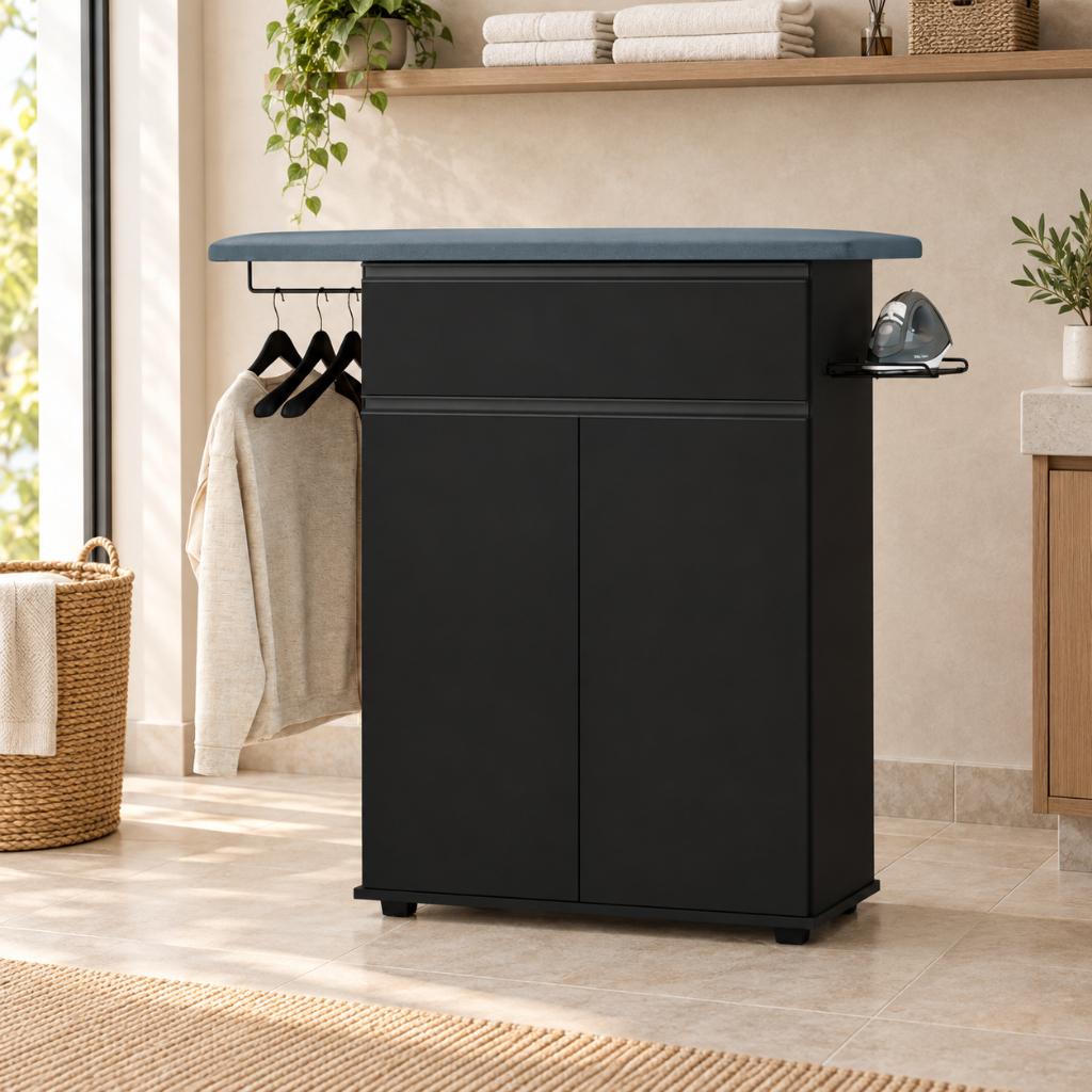 Tábua de Passar Roupa com Armário, Gaveta, Cabideiro e Suporte para Ferro Preto – Multiuso Rossini Decor
