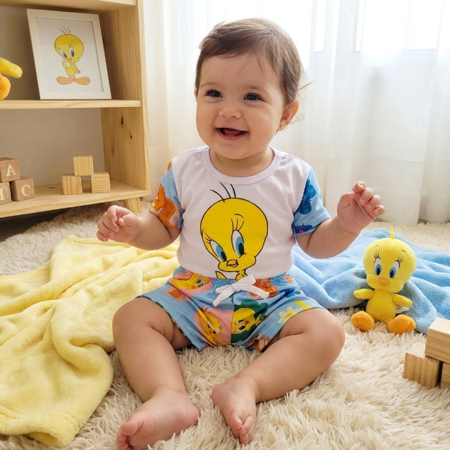 Conjunto Patricinha Bebê Roupa Infantil Menina Short e Blusa Temática Minnie Piu-Piu Meninas Super Poderosas