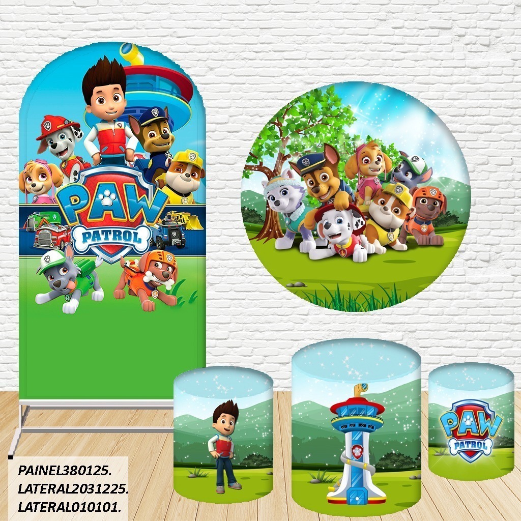 Kit de Capas Painel Redondo Sublimado Patrulha Canina 1,50M + Trio Capas de Cilindro C/Elástico
